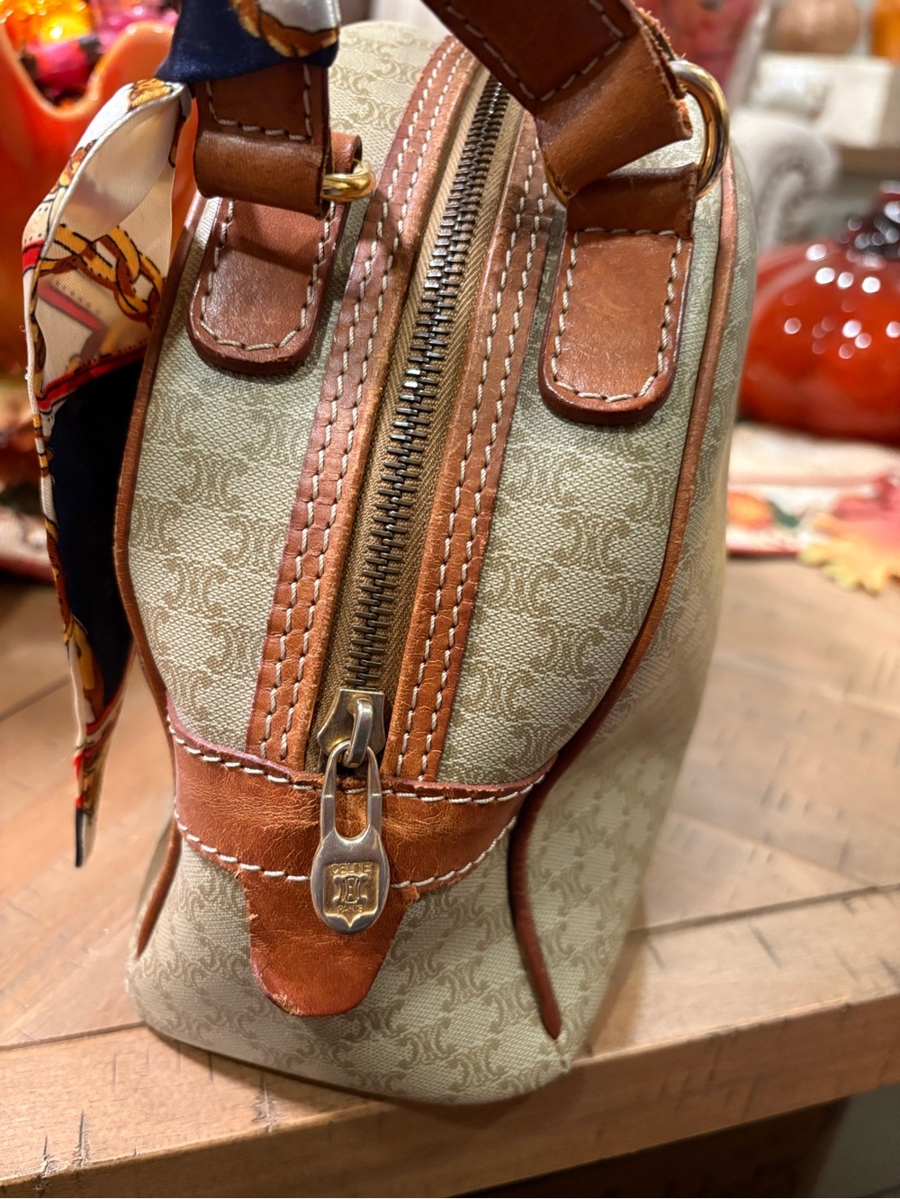 Celine Beige Monogram Dome Satchel with Tan Leather Trim - Picture 4 of 11